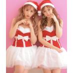 コスプレ サンタ コスプレ かわいい リボン ベアトップ ノースリーブ チュールスカート ミニ ワンピース 3点セット クリスマス コスチューム サン