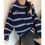 トレーナー スウェット ビッグシルエット キャップ ロゴ ボーダー スウェット ロンT トレーナー レディース メンズ