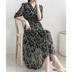 ワンピース 花柄フレアシフォンワンピース