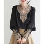 シャツ ブラウス アンティークレースの艶ブラウス刺繍トップス長袖 レディース