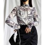 tシャツ 「選べる3サイズ／８色展開」総柄マーブルシアーハイネックメロートップス「 好評につき新色追加！ 」 レディース