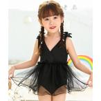 水着 キッズ水着 チュールワンピ風バッククロスリボンオールインスイムウェア