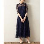 ドレス プチハイネック袖付き花柄レースフィット&フレアーパーティードレス 結婚式 お呼ばれ ドレス 20代 30代 40代