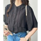 ブラウス シャツ ストライプジャガードバンドカラーケープシャツブラウス レディース