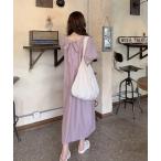 ワンピース ワンピース 夏 ロング丈 半袖 バックリボン パフスリーブ リボン