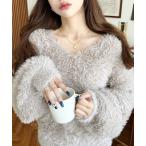 ニット セーター Vネックバルーンスリーブロングシャギーニットプルオーバー レディース