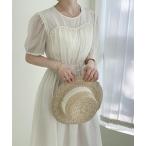 ワンピース ラウンドネックパフスリーブシフォンフレアワンピース