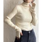 ニット セーター アームウォーマー風フィンガーホール指穴ハイネックタイト長袖タートルリブニットプルオーバー レディース