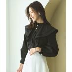ショッピングケープ ブラウス シャツ 洗える ｜ ハシゴレースケープカラー＆パールボタンロマンチックブラウス ｜ 長袖 ケープカラー トップス 体型カバー  オフィスカジ