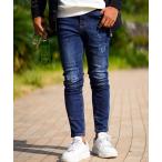 ジーンズ インディゴダメージリペアデニムロングパンツ メンズ レディース