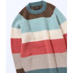 ショッピングボーダー セーター ニット 5ゲージ マルチ ホリゾンタルストライプ クルーネック ニット メンズ