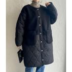 ノーカラーコート コート 中綿ミドル丈ノーカラー切り替えボアキルティングコート レディース