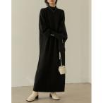 ワンピース 「低身長サイズ有」パール付きハイネック指穴ボリュームスリーブマキシニットワンピース レディース