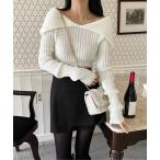 ニット セーター オフショルダーリブカラーニット レディース