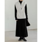 ワンピース 「2点セット」「低身長/高身長向けサイズ有」フェイクウールベスト×指穴ハイネックカットソーフレアワンピース