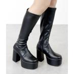 ブーツ 軽量厚底 スクエアトゥストレッチロングブーツ レディース