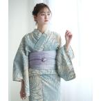 浴衣 手染め注染浴衣3点セット utatane×注染工房 先染めベージュに水色の糸菊 レディース