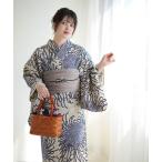 浴衣 手染め注染浴衣3点セット utatane×注染工房 先染めベージュに紺色の菊 レディース