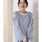 tシャツ カットアウトとボリューム袖のデザインで一枚で着ても様になるロングスリーブボーダートップス レディース