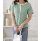 tシャツ 細ボーダーボタン付き半袖トップス レディース