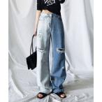 パンツ デニム ジーンズ 「 選べる４サイズ 」グラデーションツートーンダメージルーズワイドロングデニム レディース