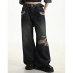 ショッピングダメージ ジーンズ ワイドシルエット サイドベルト付き ダメージ加工デニムパンツ NZK6133「MASONPRINCE」 メンズ レディース
