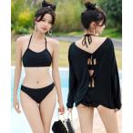 水着 レディース水着体型カバー 長袖バックシャンラッシュガード+2WAYホルターネックビキニ　3点セット レディース