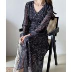 ワンピース 花柄　Vネックシフォンワンピース