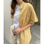 ブラウス シャツ ストライプバンドカラー半袖シャツ レディース