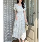 ワンピース レディース 半袖小花柄ウエストシャーリングリゾートワンピース