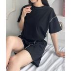 パジャマ ルームウェア ステッチデザイン無地セットアップルームウェア リラックスウェア レディース