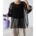 ショッピングパフスリーブ ブラウス シャツ チュールレイヤード パフスリーブギャザーブラウス レディース
