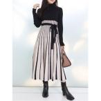 ワンピース 配色チェンジリブロングスリーブニットワンピース