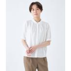 ブラウス シャツ 「吸水速乾・ストレッチ素材」ほんのりシアーな半袖バンドカラーブラウス レディース