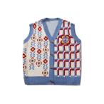 ベスト ジレ HOOK -original-　レトロ調花/チェック柄アシンメトリー前開きニットベスト メンズ レディース