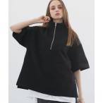 tシャツ サイドスリットコットンポンチビッグシルエットドレープ5分袖ハーフジップカットソー メンズ レディース