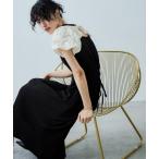 ドレス 花柄ジャガードパフスリーブ切替サテンドレス