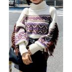 ニット セーター ジャガードフリンジニット レディース