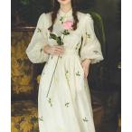 ワンピース シフォンヴィンテージフェミニン パフスリーブフラワーモチーフアート刺繍 ロングワンピース