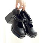 パンプス 厚底チャンキーヒールダブルメリージェーンパンプス