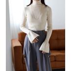 ニット セーター ハイネック袖フレアスリットリブニット レディース
