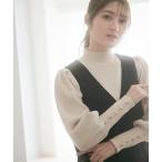 ニット セーター ゴールドボタンパフ袖もっちりニット レディース