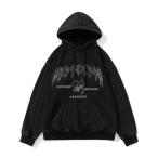 パーカー ラインストーンロゴプリント 裏起毛スウェットプルオーバーフード付きパーカー メンズ レディース