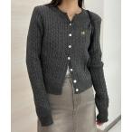 カーディガン ワンポイント刺繍キーネックケーブルニットカーディガン レディース