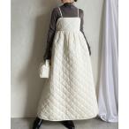 ワンピース Aラインボリュームフレアハイウエストロング丈ダイヤキルティングキャミワンピース