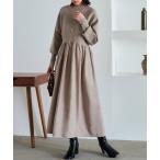 ワンピース パール釦ハイネックドルマンリブボリューム袖ロングニットワンピース ｜ クルーネック ワンピース 長袖 ドルマンスリーブ パール ベーシック