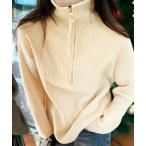 ニット セーター ハーフジップリブニットトップス レディース