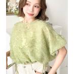 ブラウス シャツ フラワーフリンジジャガード半袖すそドロストリボンショートプルオーバー レディース