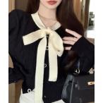 カーディガン Nia(ニア)/モノトーン　リボン付きカーディガン レディース