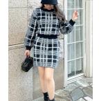 ニット セーター チェック柄シャギータッチニットトップス×ミニスカートセットアップ/23585 レディース